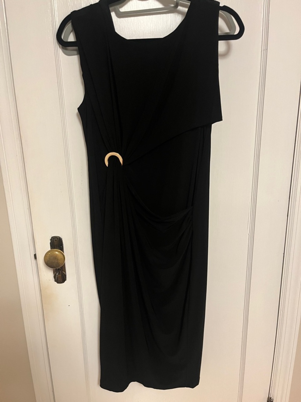 Nina Leonard Black Midi Dress with Gold Ring Accent